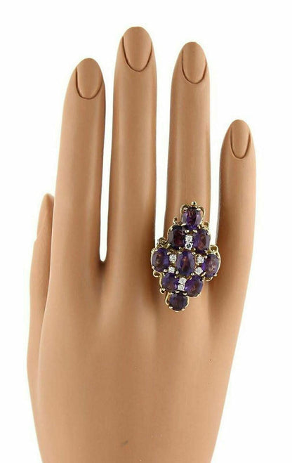 Large Amethyst & Diamonds 14k Yellow Gold Floral Cluster Ring