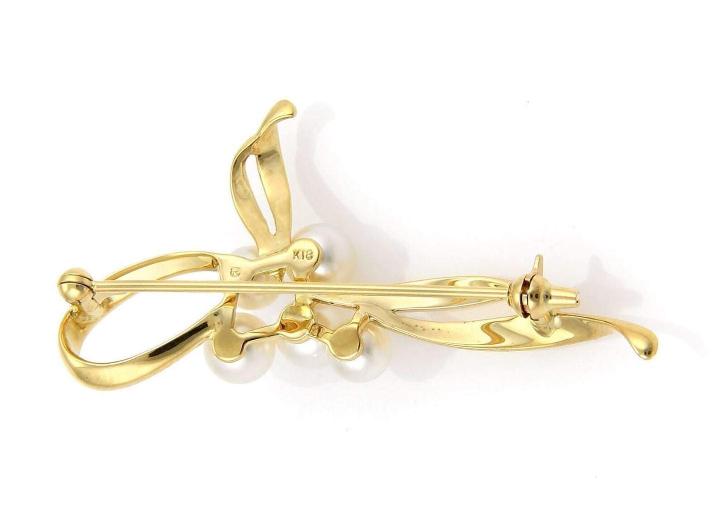 Mikimoto 5.5mm Akoya 5 Pearls Ribbon Loop 18k Yellow Gold Brooch Pin