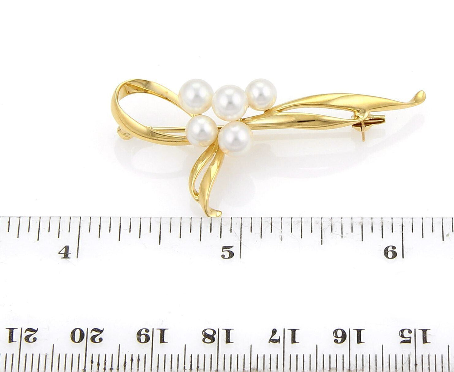 Mikimoto 5.5mm Akoya 5 Pearls Ribbon Loop 18k Yellow Gold Brooch Pin