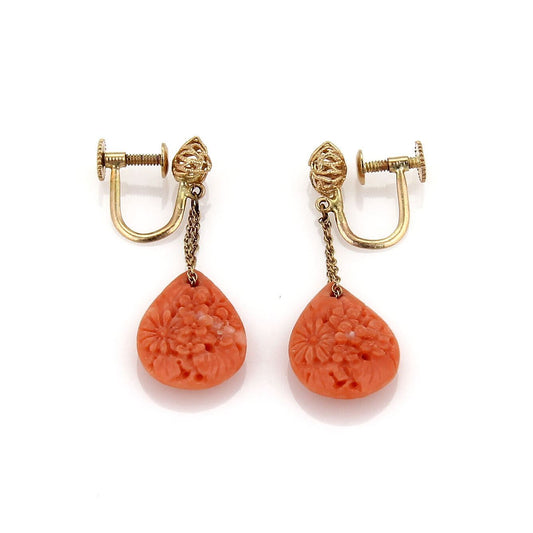 Carved Coral Floral Drop Dangle 14k Yellow Gold Earrings Screw Back | Earrings | catalog, Earrings, Estate, Vintage | Estate