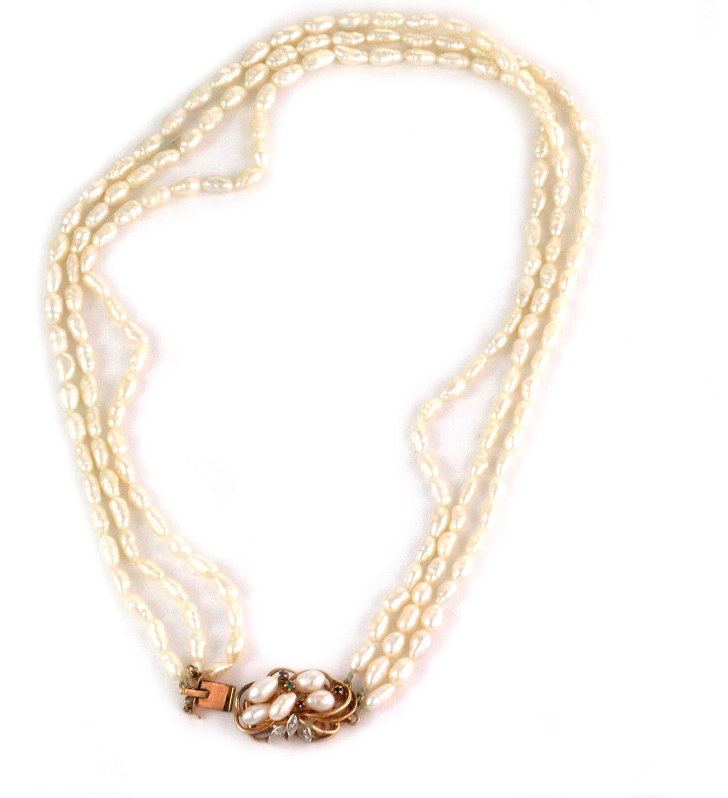 Diamond & Gems 3 Strand Freshwater Rice Pearls 14k Gold Necklace