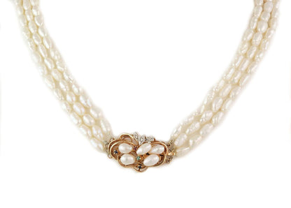 Diamond & Gems 3 Strand Freshwater Rice Pearls 14k Gold Necklace