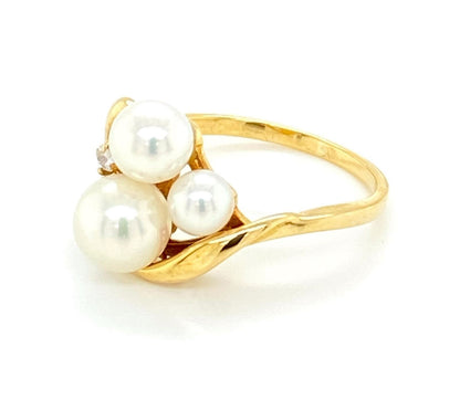 Mikimoto Akoya Pearls Diamond 18k Yellow Gold Ring