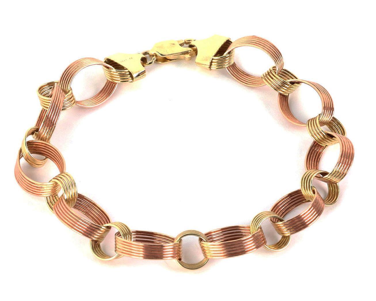 Textured Grooved 14k Yellow & Pink Gold Link Bracelet