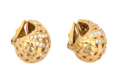 Tiffany & Co. Vannerie Diamond 18k Yellow Gold Basket Dome Clip On Earrings