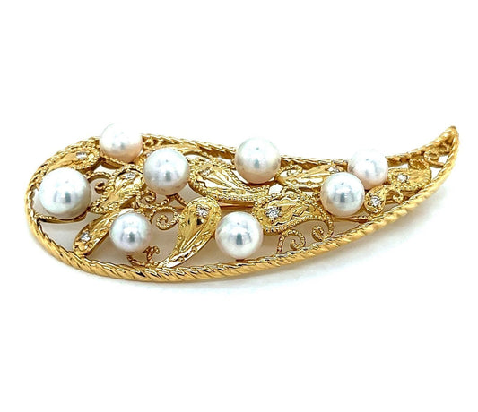 Mikimoto Akoya Pearls Diamond 18k Yellow Gold Long Fancy Pin Brooch | brooches | Brooches, catalog, Designer Jewelry, Mikimoto, pins | Mikimoto