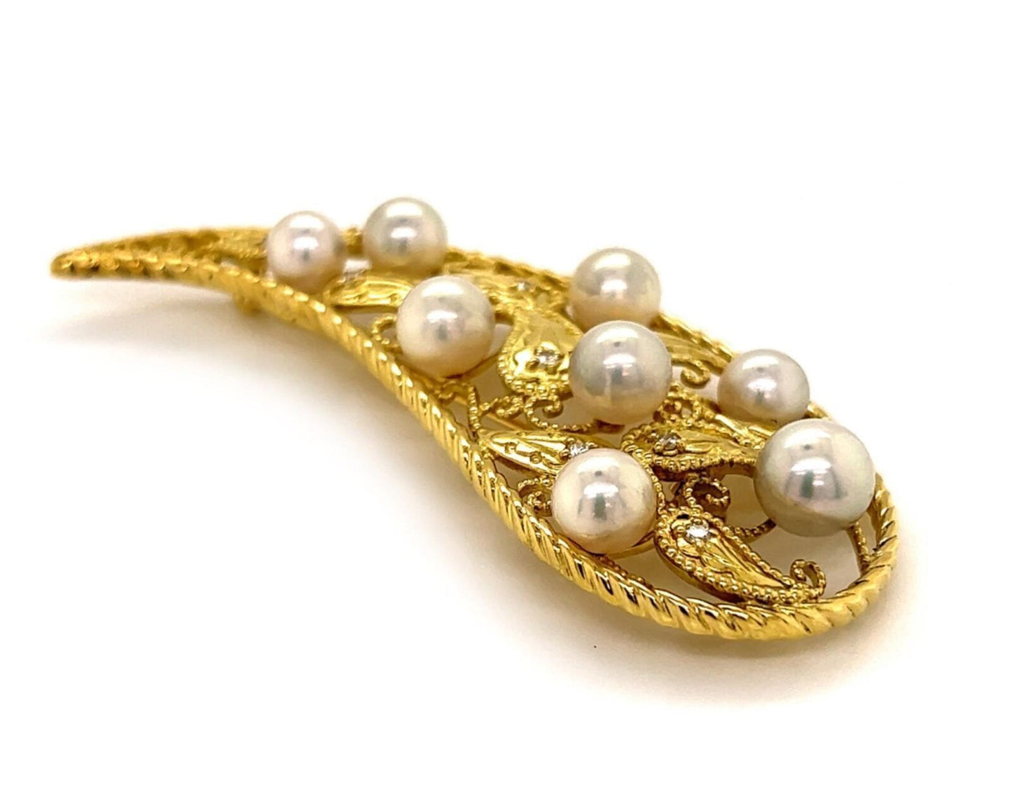 Mikimoto Akoya Pearls Diamond 18k Yellow Gold Long Fancy Pin Brooch