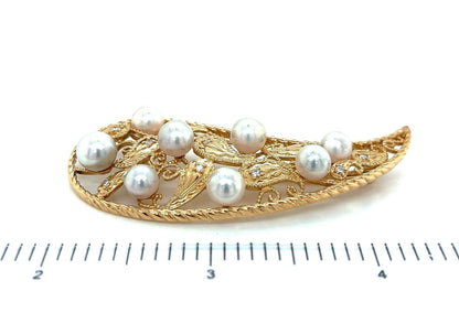 Mikimoto Akoya Pearls Diamond 18k Yellow Gold Long Fancy Pin Brooch