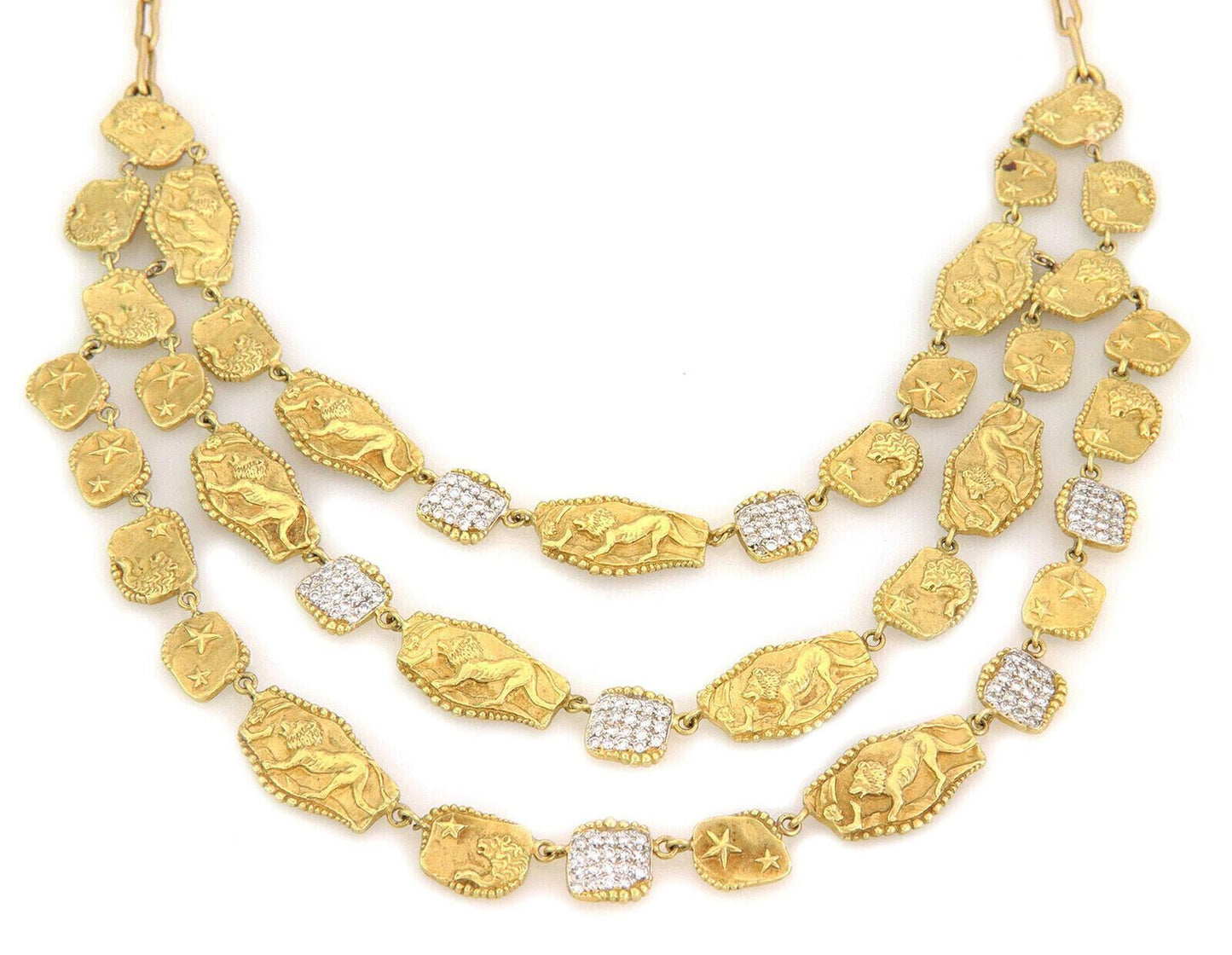 Seidengang Athena Diamond 18k Gold Triple Strand Lions Stars Necklace