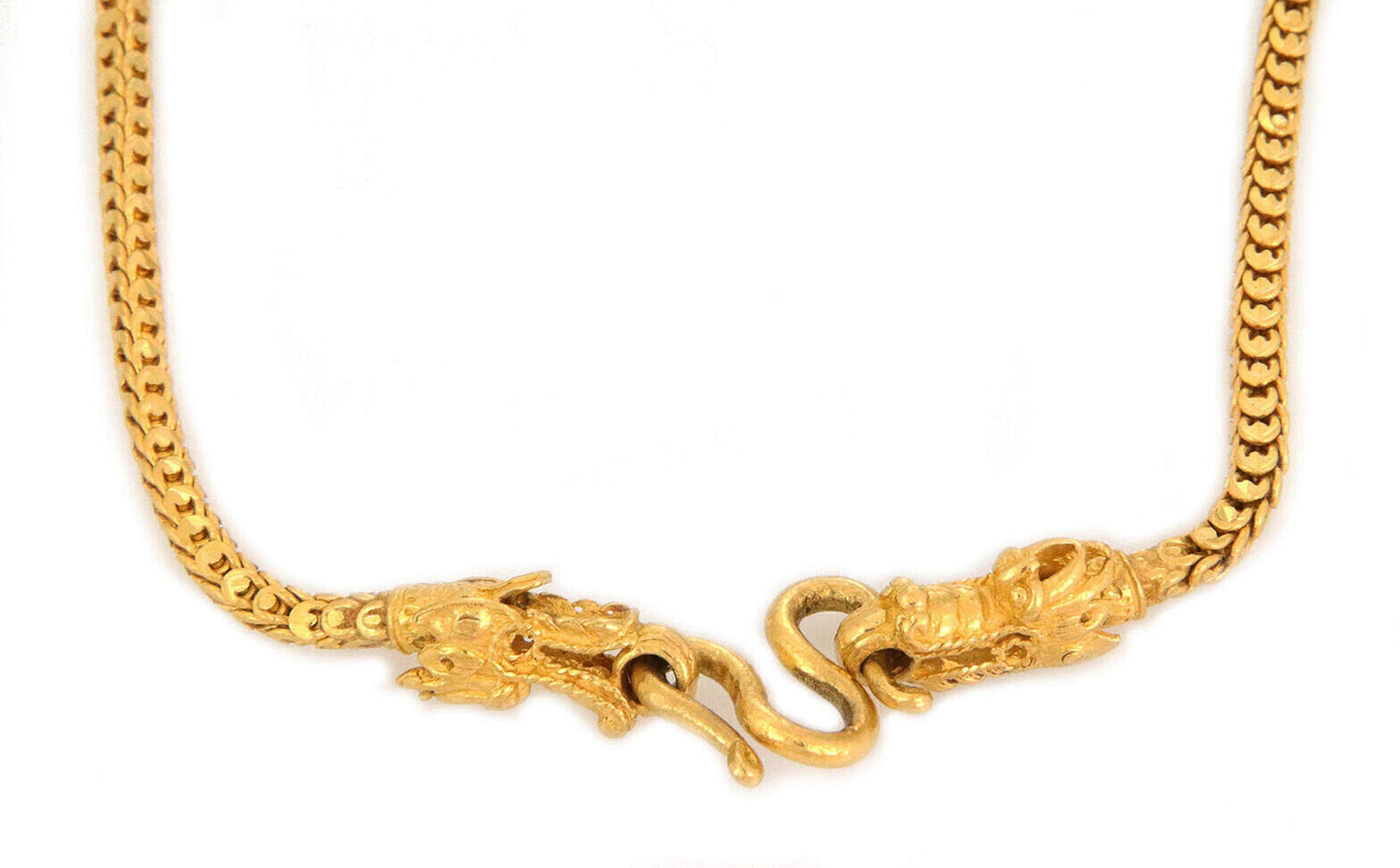 Double Dragon Head Clasp Long Dragon Scale 24k Gold Link Chain Necklace