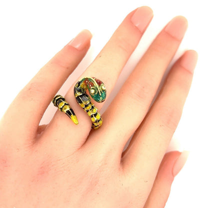 Diamond Enamel 18k Yellow Gold  Scale Open Wrap Snake Ring