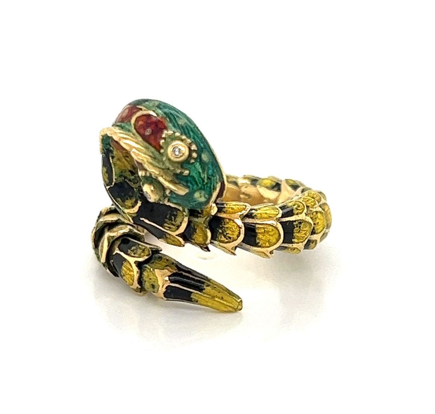 Diamond Enamel 18k Yellow Gold  Scale Open Wrap Snake Ring