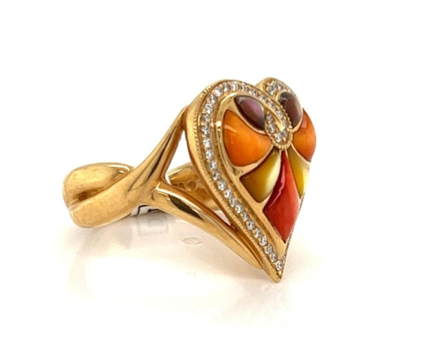 Kabana Diamond Spiny Oyster MOP Gems 14k Yellow Gold Heart Ring - Size 8