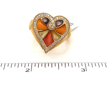 Kabana Diamond Spiny Oyster MOP Gems 14k Yellow Gold Heart Ring - Size 8