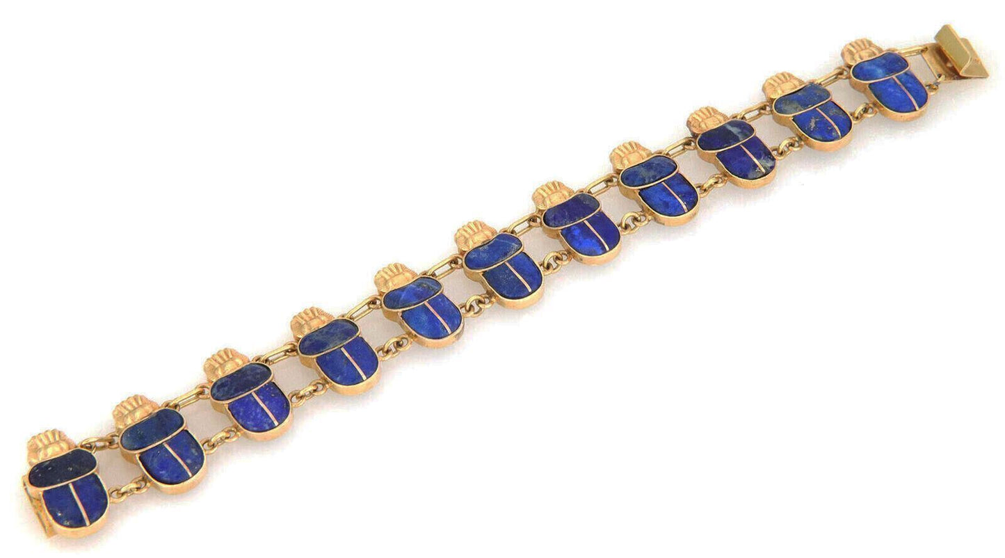 Lapis 18k Yellow Gold 11 Egyptian Scarab Beetle Link Necklace