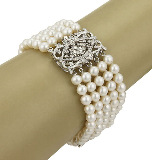 Multi-Strand 18k White Gold Diamond & Pearl Wide Bracelet | Bracelets | catalog, Estate, Pearls, Vintage | Estate