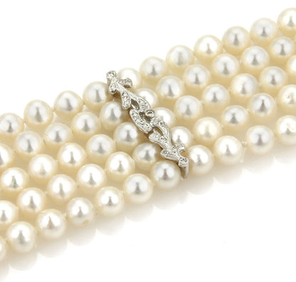 Multi-Strand 18k White Gold Diamond & Pearl Wide Bracelet