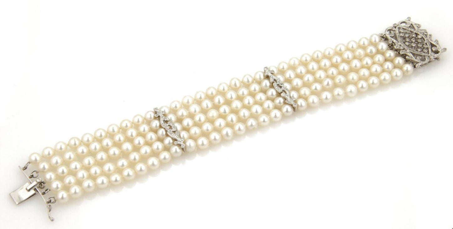 Multi-Strand 18k White Gold Diamond & Pearl Wide Bracelet