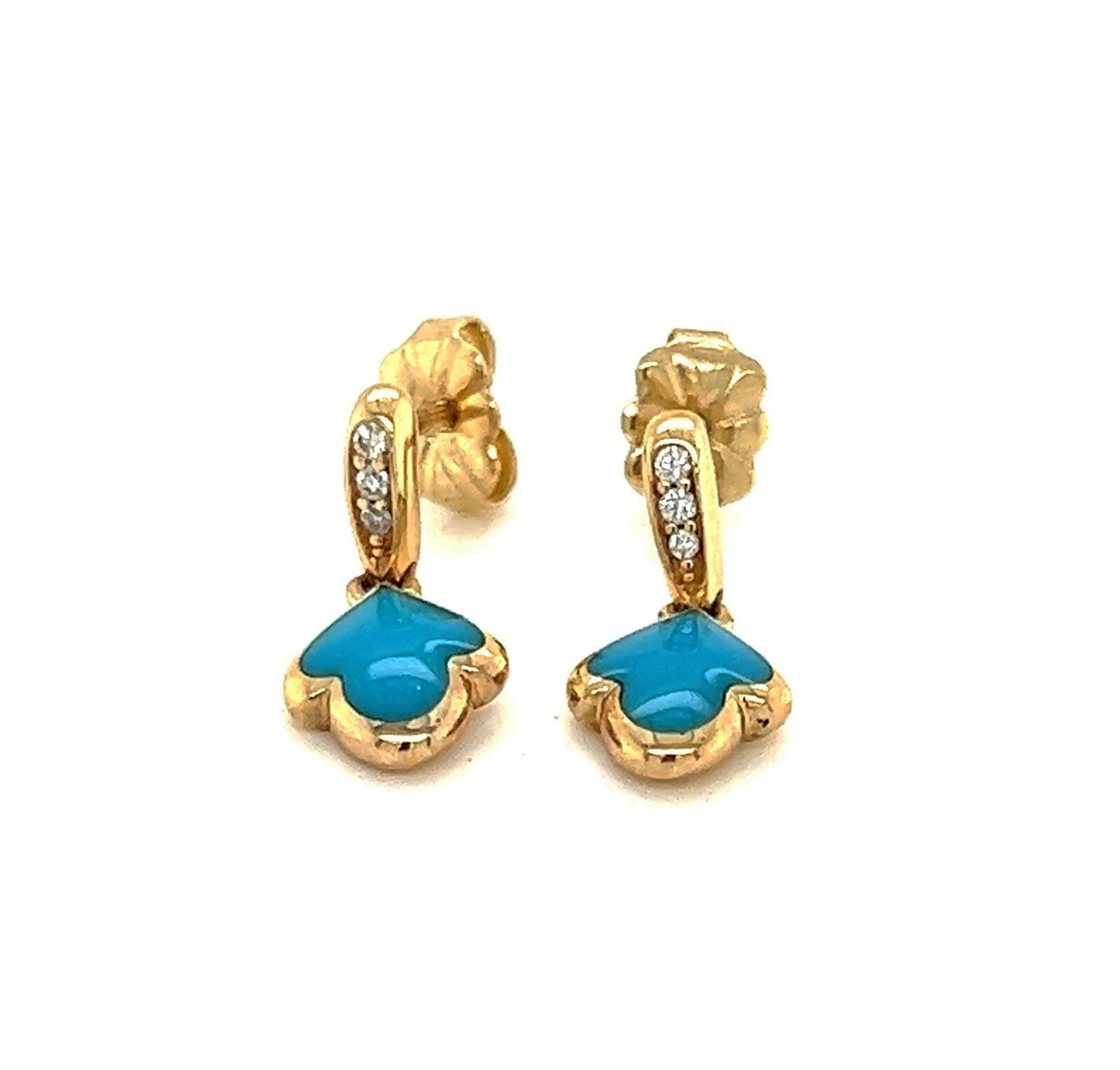 Kabana 14k Yellow Gold Diamond Turquoise Lotus Flower Dangle Earrings