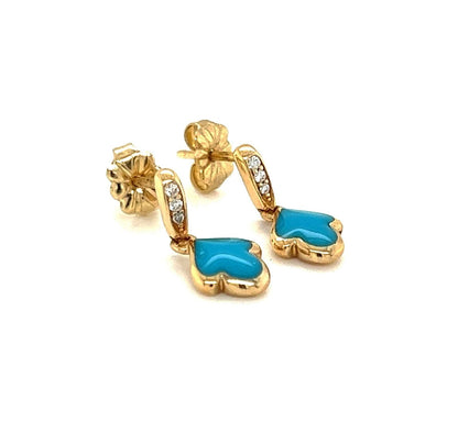 Kabana 14k Yellow Gold Diamond Turquoise Lotus Flower Dangle Earrings