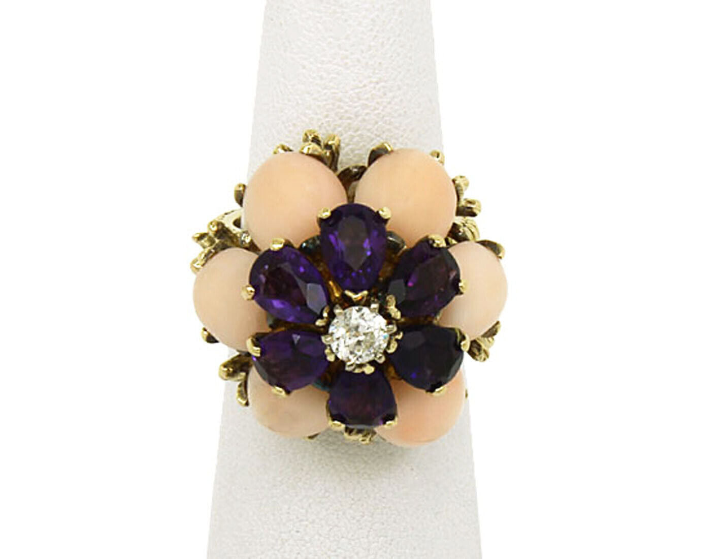 Coral Amethyst & Diamond 18k Yellow Gold Large Floral Ring