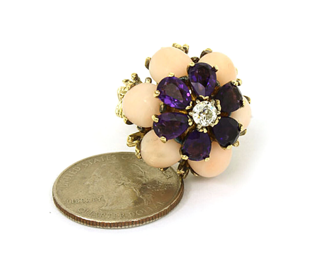 Coral Amethyst & Diamond 18k Yellow Gold Large Floral Ring