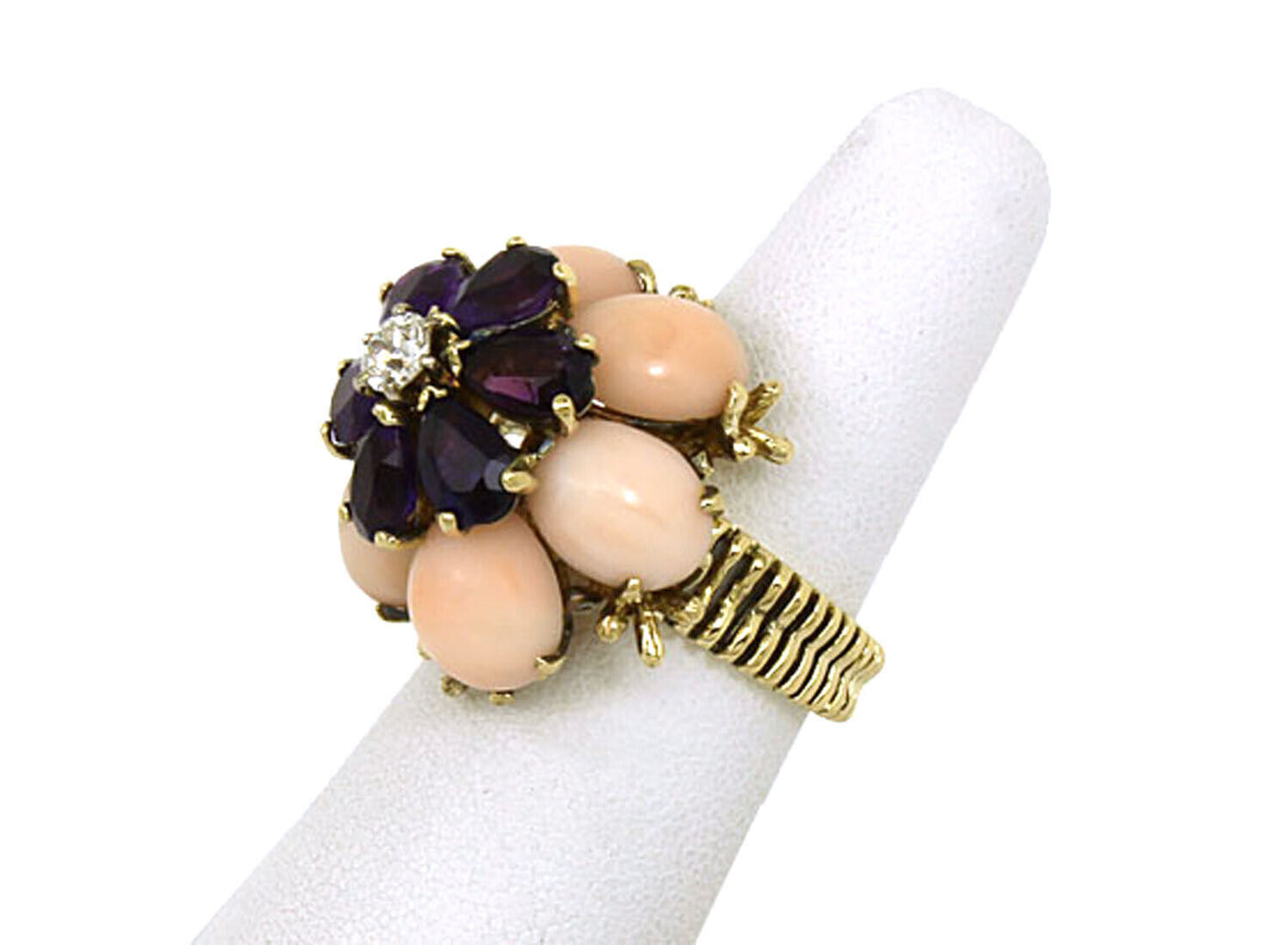 Coral Amethyst & Diamond 18k Yellow Gold Large Floral Ring