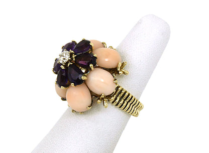 Coral Amethyst & Diamond 18k Yellow Gold Large Floral Ring