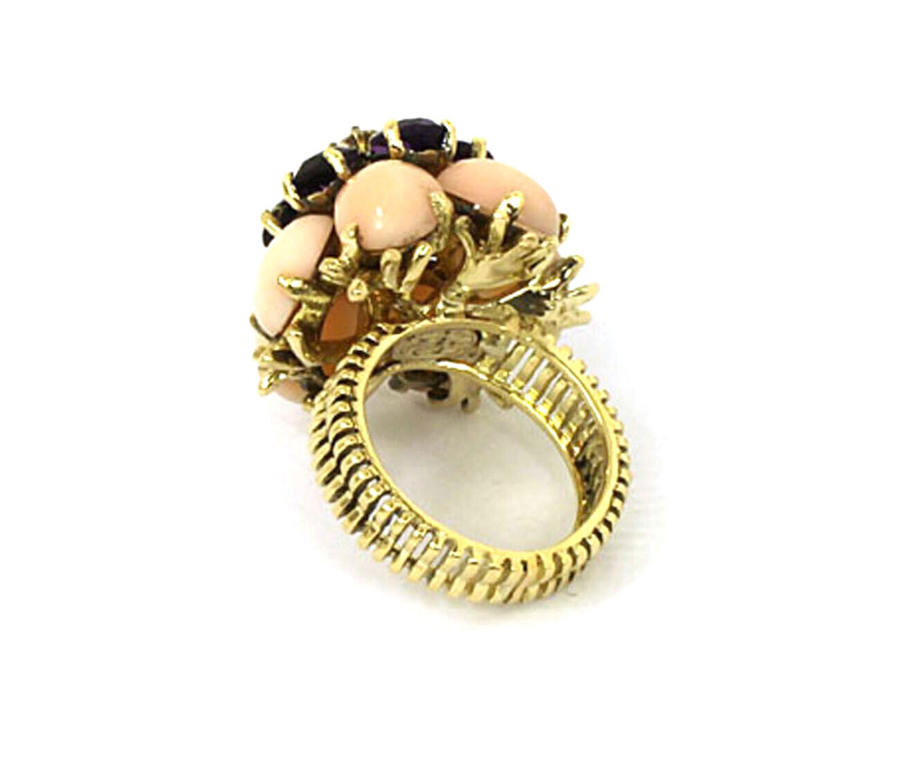 Coral Amethyst & Diamond 18k Yellow Gold Large Floral Ring