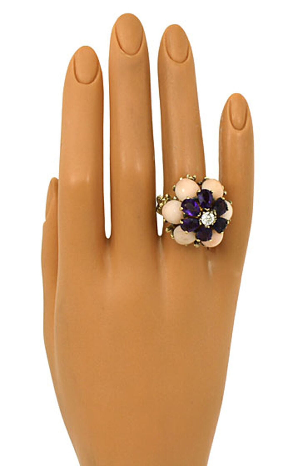 Coral Amethyst & Diamond 18k Yellow Gold Large Floral Ring