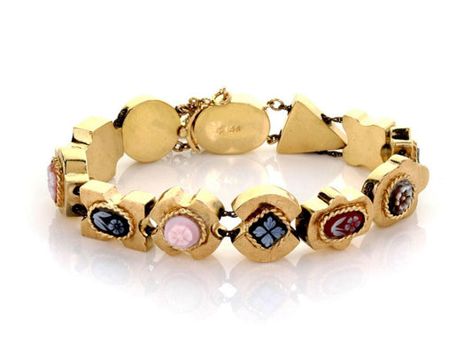 Multicolor Gems 14k Yellow Gold Floral Cameo 11 Slide Charms Bracelet