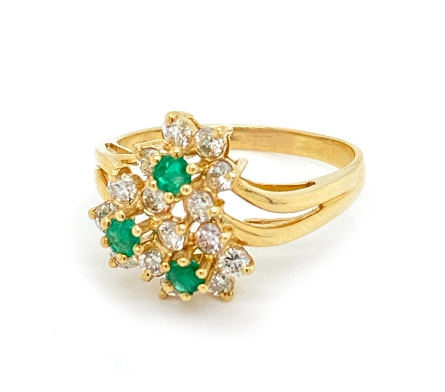 Diamond & Emerald 14k Yellow Gold Floral Ring