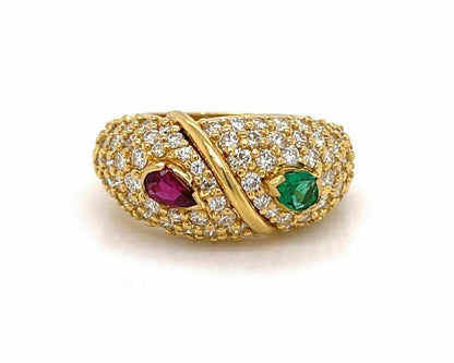 Hammerman Brothers Diamond Ruby & Emerald 18k Yellow Gold Ring