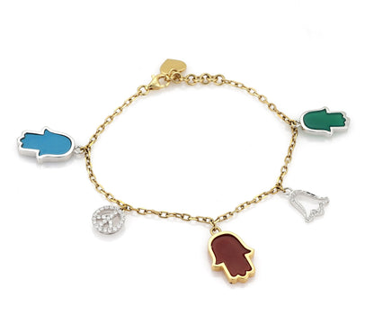 Diamond & Gem Stones 18k Yellow Gold Hamsa hands & Good Luck Charm Bracelet | Bracelets | Bracelets, catalog, Charms, Modern | Modern