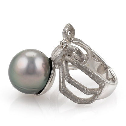 Grey Pearl & Diamond 18k White Gold Spider Ring