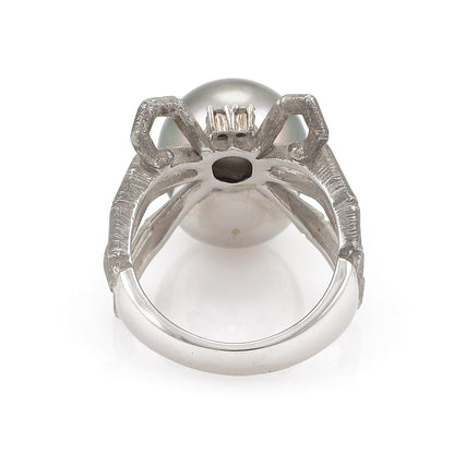 Grey Pearl & Diamond 18k White Gold Spider Ring