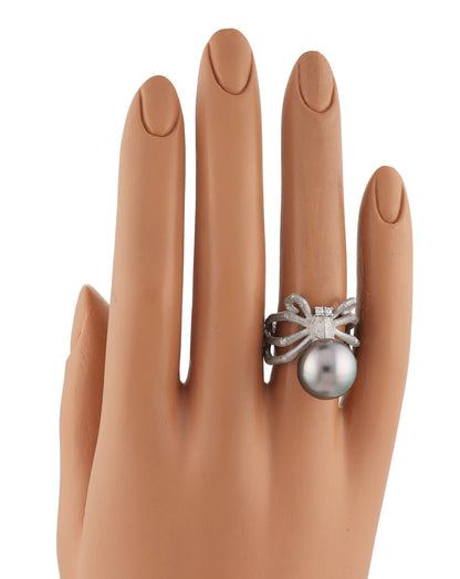 Grey Pearl & Diamond 18k White Gold Spider Ring