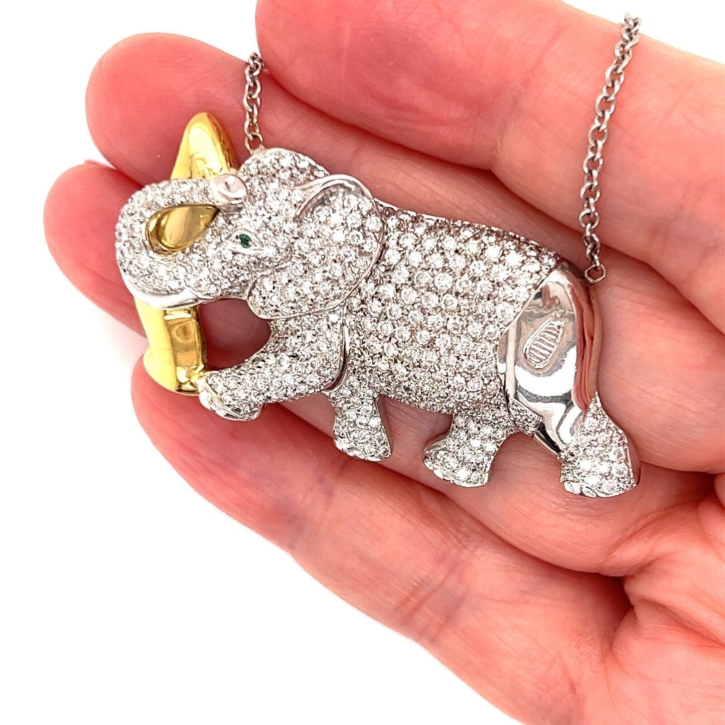 Nova Diamonds & Emerald 18k Two Tone Gold Elephant Pendant Necklace