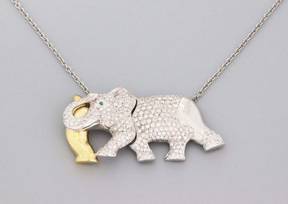 Nova Diamonds & Emerald 18k Two Tone Gold Elephant Pendant Necklace