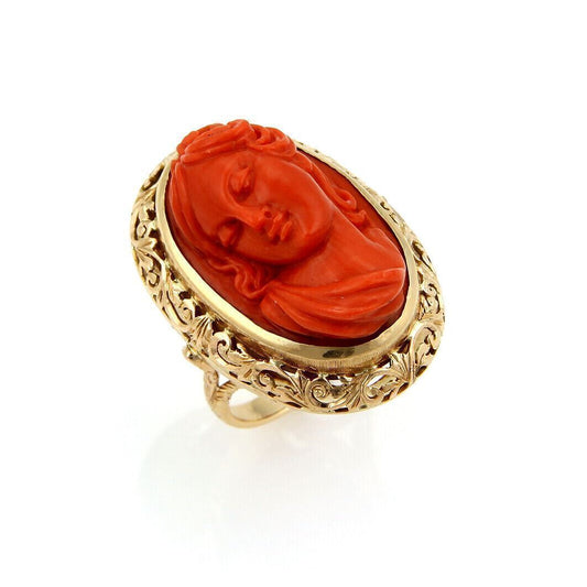 Deep Carved Coral Cameo Woman 18k yellow Gold Ring | Rings | catalog, Estate, Rings, Vintage | Estate