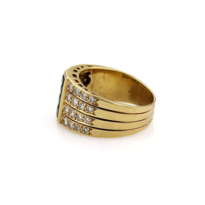 Diamond & Emerald 18k Yellow Gold 4 Rows Wide Band Ring