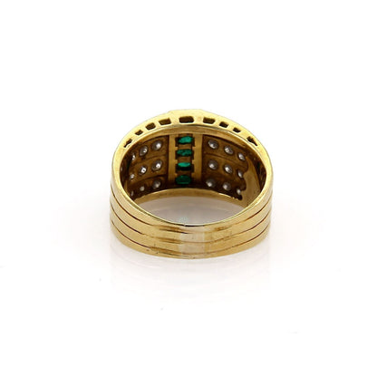 Diamond & Emerald 18k Yellow Gold 4 Rows Wide Band Ring