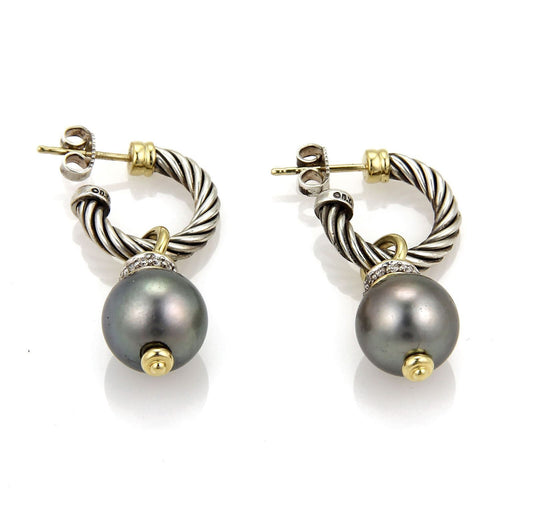 David Yurman Diamond & Tahitian Pearl 18k Gold & Sterling Hoop Dangle Earrings | Earrings | catalog, David Yurman, Designer Jewelry, Earrings | David Yurman