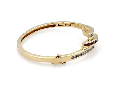 Diamond & Ruby 14k Yellow Gold Curved Bangle Bracelet