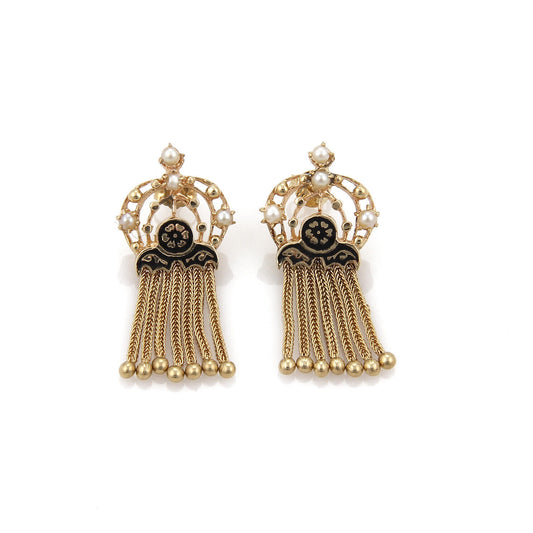 Pearls & Enamel Fancy Multi Tassel 14k Yellow Gold Dangle Earrings | Earrings | catalog, Earrings, Estate, Vintage | Estate