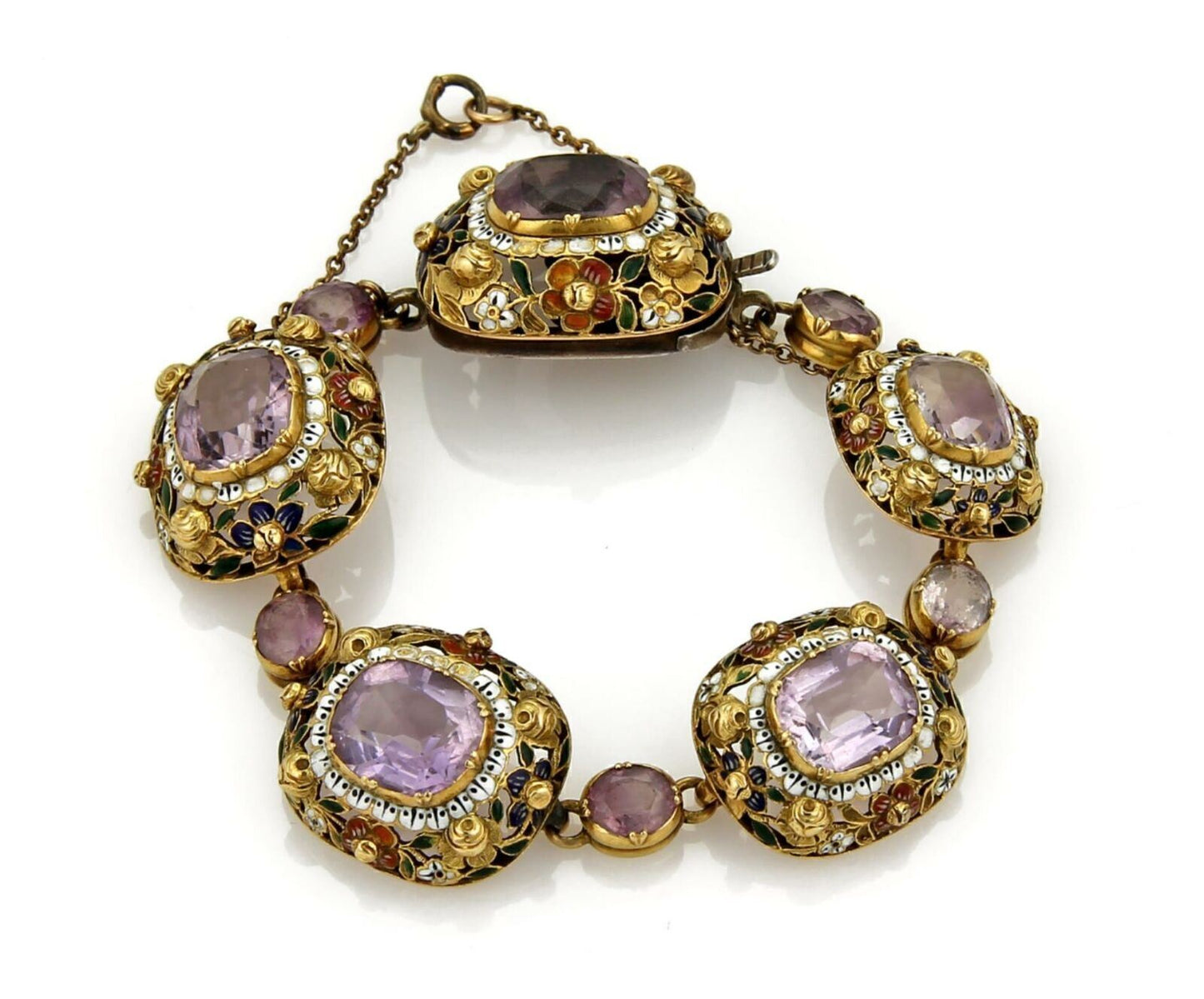 Cushion Cut Amethyst & Enamel 14k Yellow Gold Fancy Link Bracelet