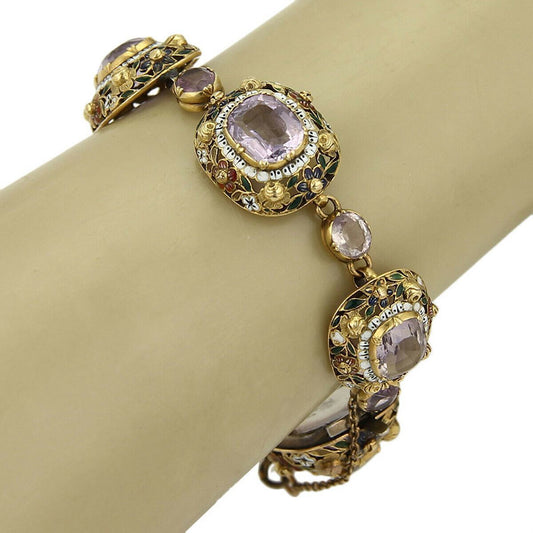 Cushion Cut Amethyst & Enamel 14k Yellow Gold Fancy Link Bracelet 6.5" | Bracelets | Bracelets, catalog, Estate, Vintage | Estate