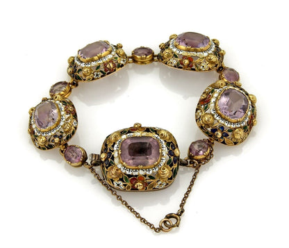 Cushion Cut Amethyst & Enamel 14k Yellow Gold Fancy Link Bracelet