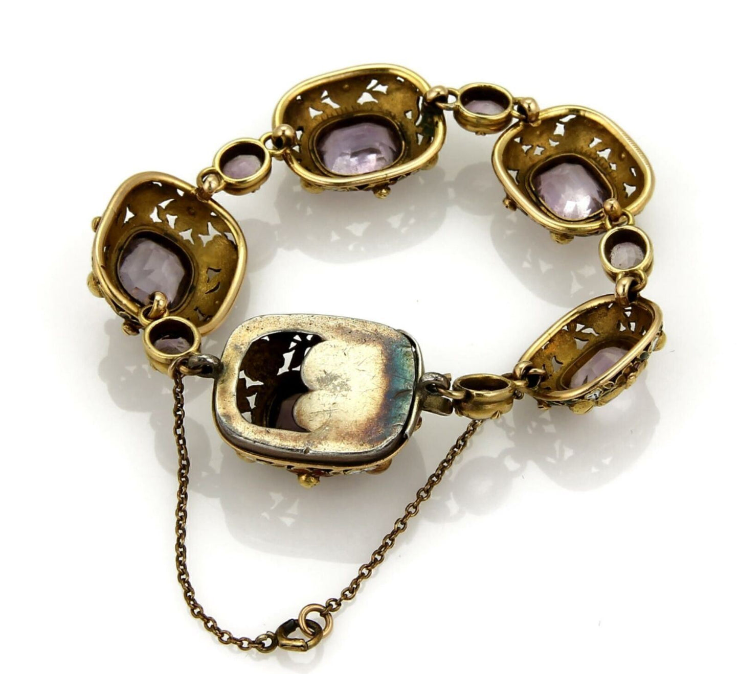 Cushion Cut Amethyst & Enamel 14k Yellow Gold Fancy Link Bracelet