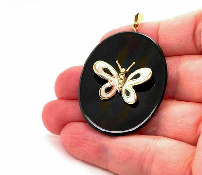 Onyx Enamel Butterfly 14k Yellow Gold Oval Pendant